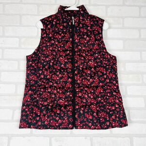 Michael Kors Women Ruby Gemstone Print Puffer Vest Black Red Zip Up Large
